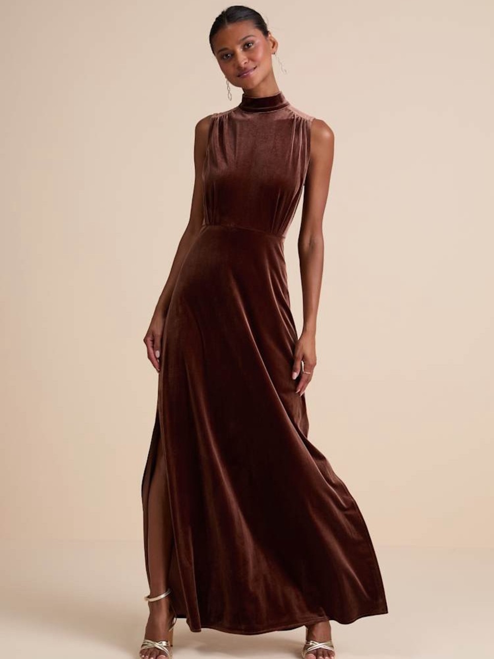 Lulu's Classic Elegance Brown Velvet Sleeveless
Mock Neck Maxi Dress